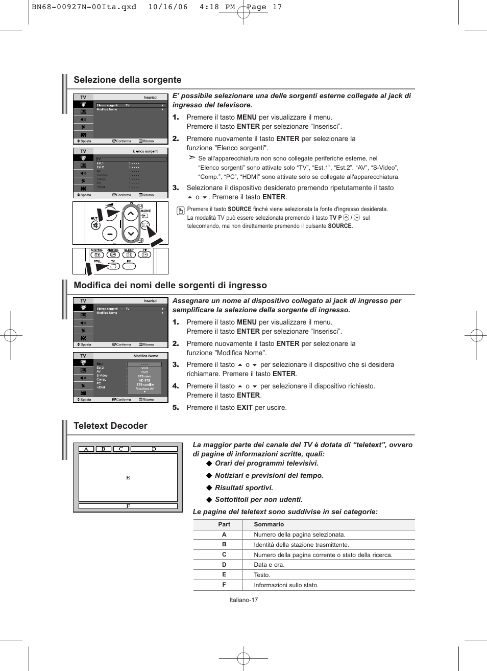 Teletext decoder, Modifica dei nomi delle sorgenti di ingresso, Selezione della sorgente | Samsung LE26R32B User Manual | Page 145 / 152