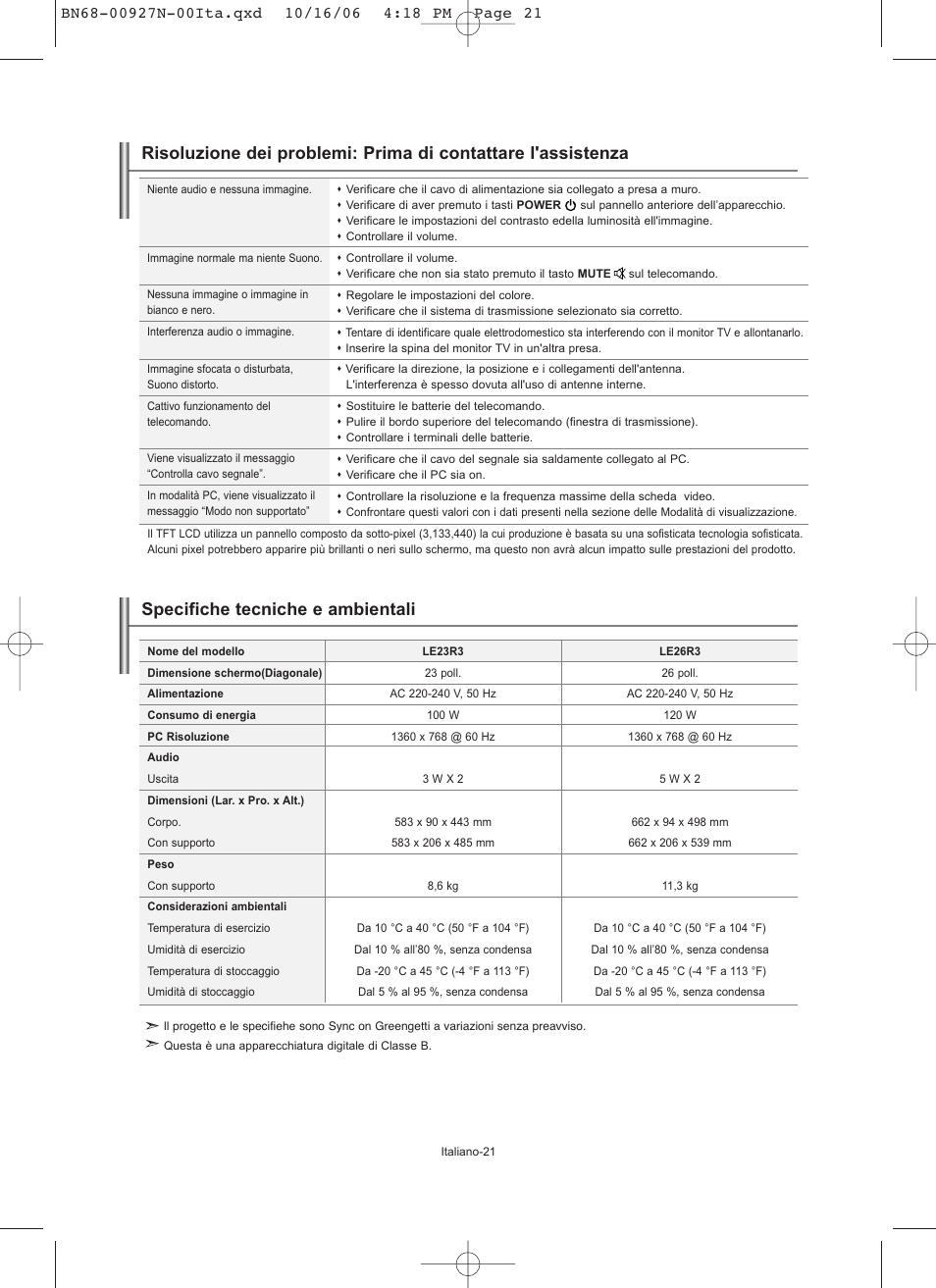 Specifiche tecniche e ambientali | Samsung LE26R32B User Manual | Page 149 / 152