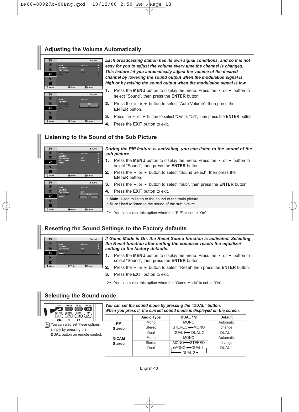 Adjusting the volume automatically, Listening to the sound of the sub picture, Selecting the sound mode | Samsung LE26R32B User Manual | Page 15 / 152
