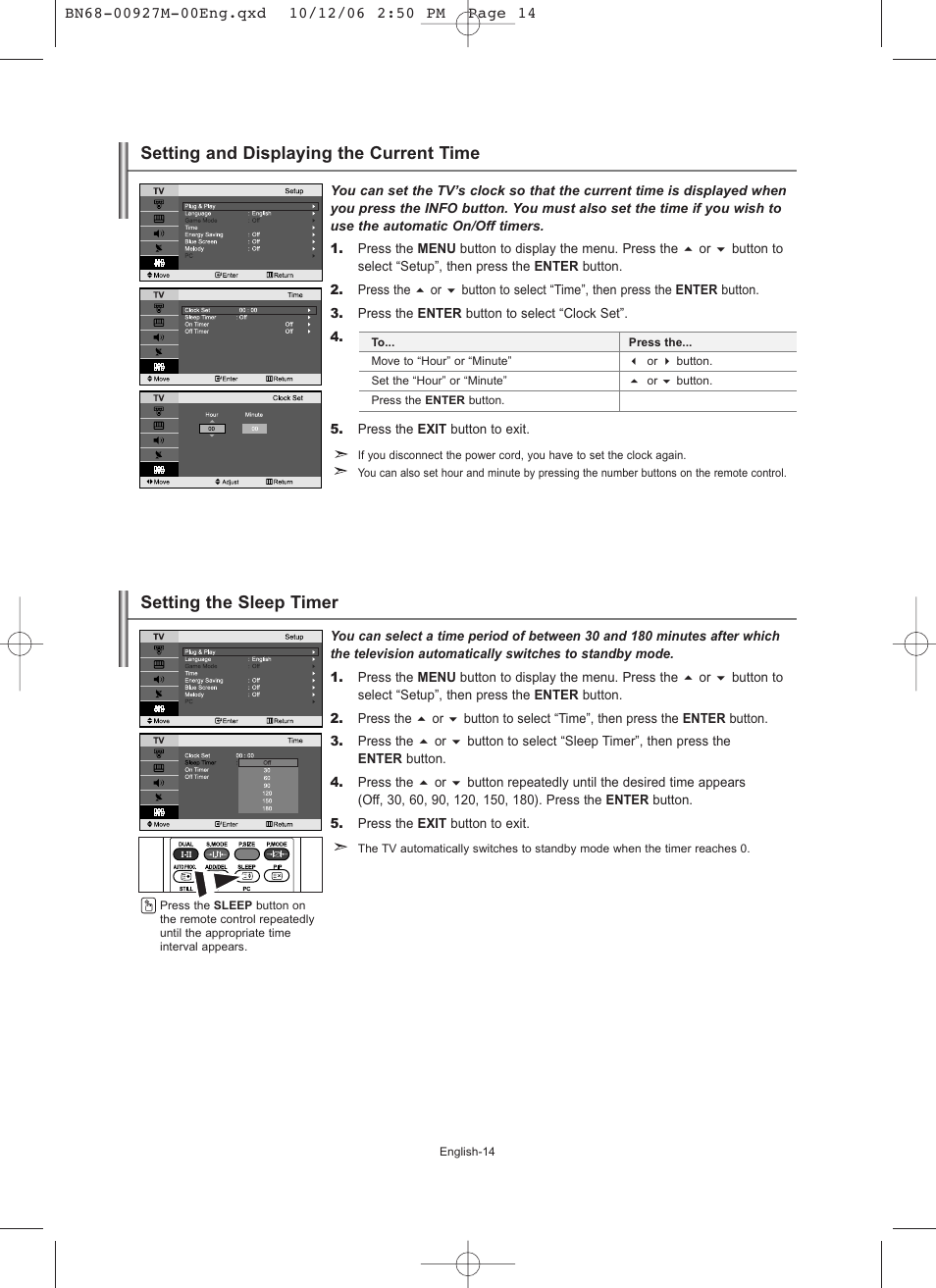 Setting the time, Setting and displaying the current time, Setting the sleep timer | Samsung LE26R32B User Manual | Page 16 / 152