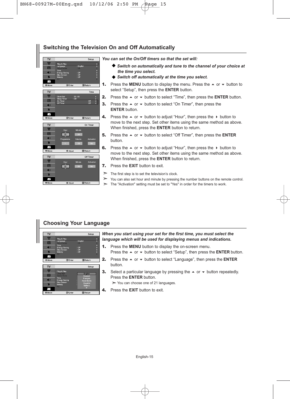 Switching the television on and off automatically, Setting the others, Choosing your language | Samsung LE26R32B User Manual | Page 17 / 152