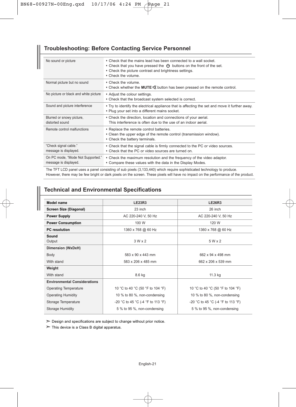 Technical and environmental specifications | Samsung LE26R32B User Manual | Page 23 / 152