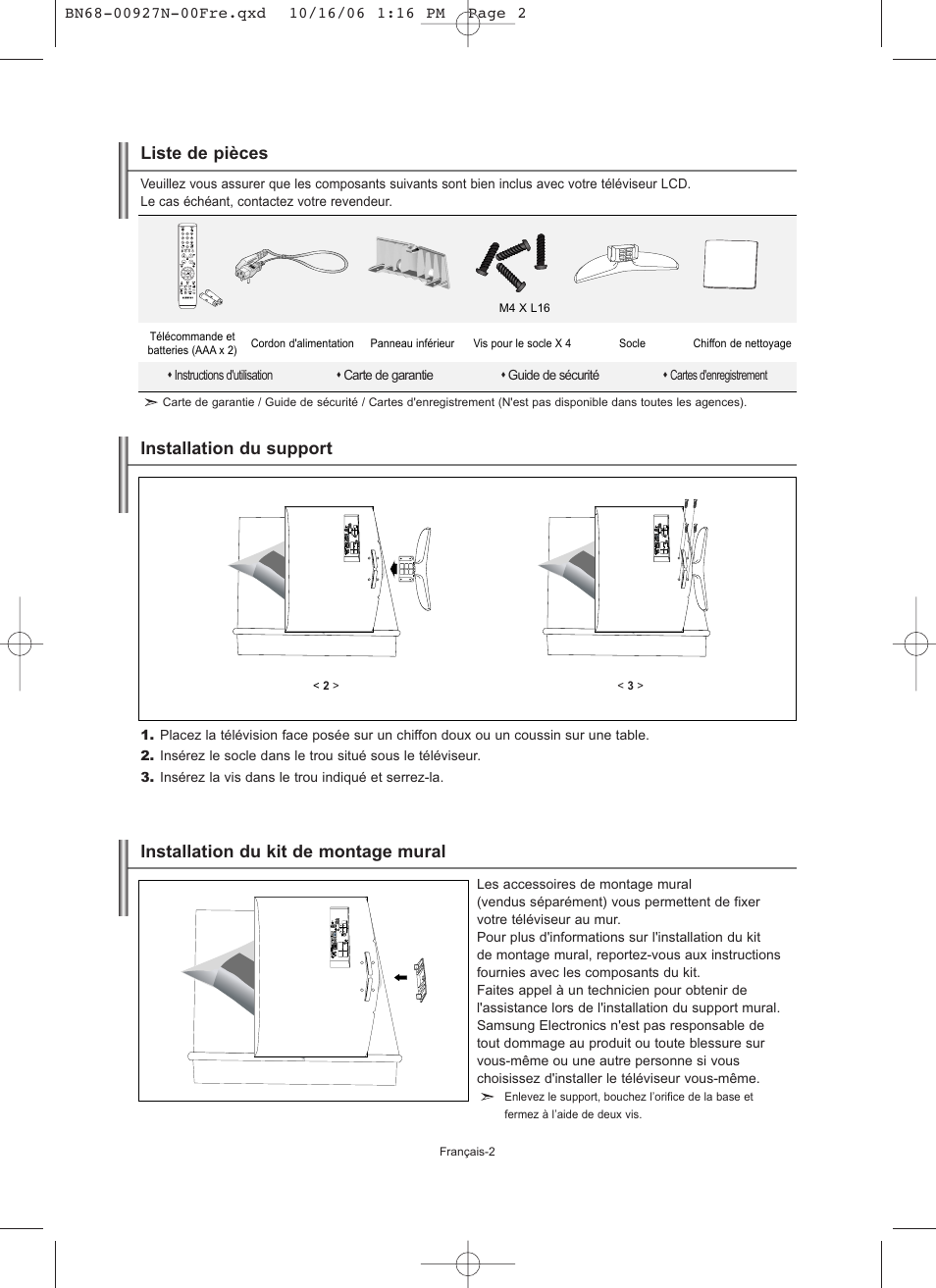 Liste de pièces, Installation du support, Installation du kit de montage mural | Samsung LE26R32B User Manual | Page 25 / 152