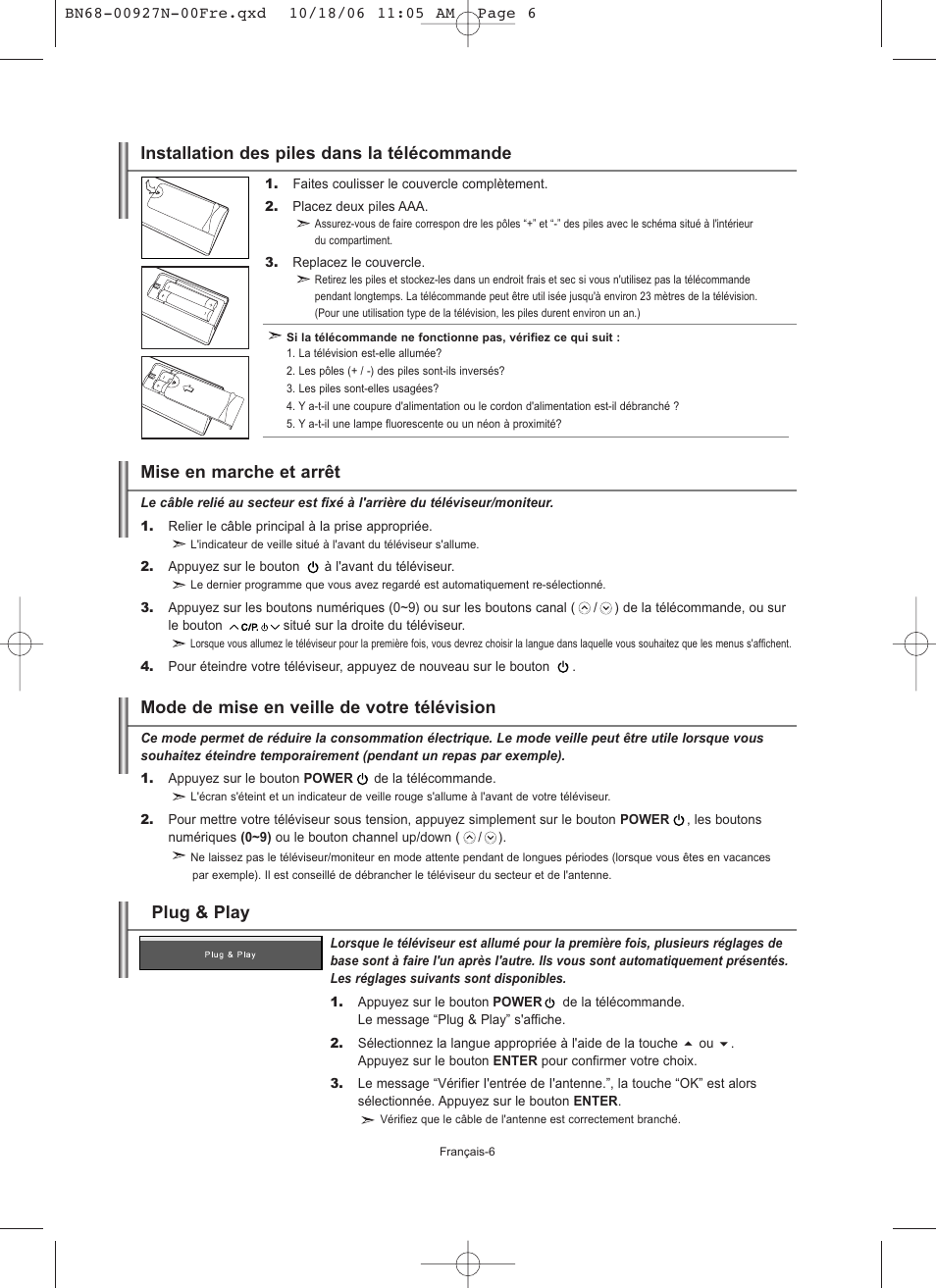 Plug & play, Installation des piles dans la télécommande | Samsung LE26R32B User Manual | Page 29 / 152