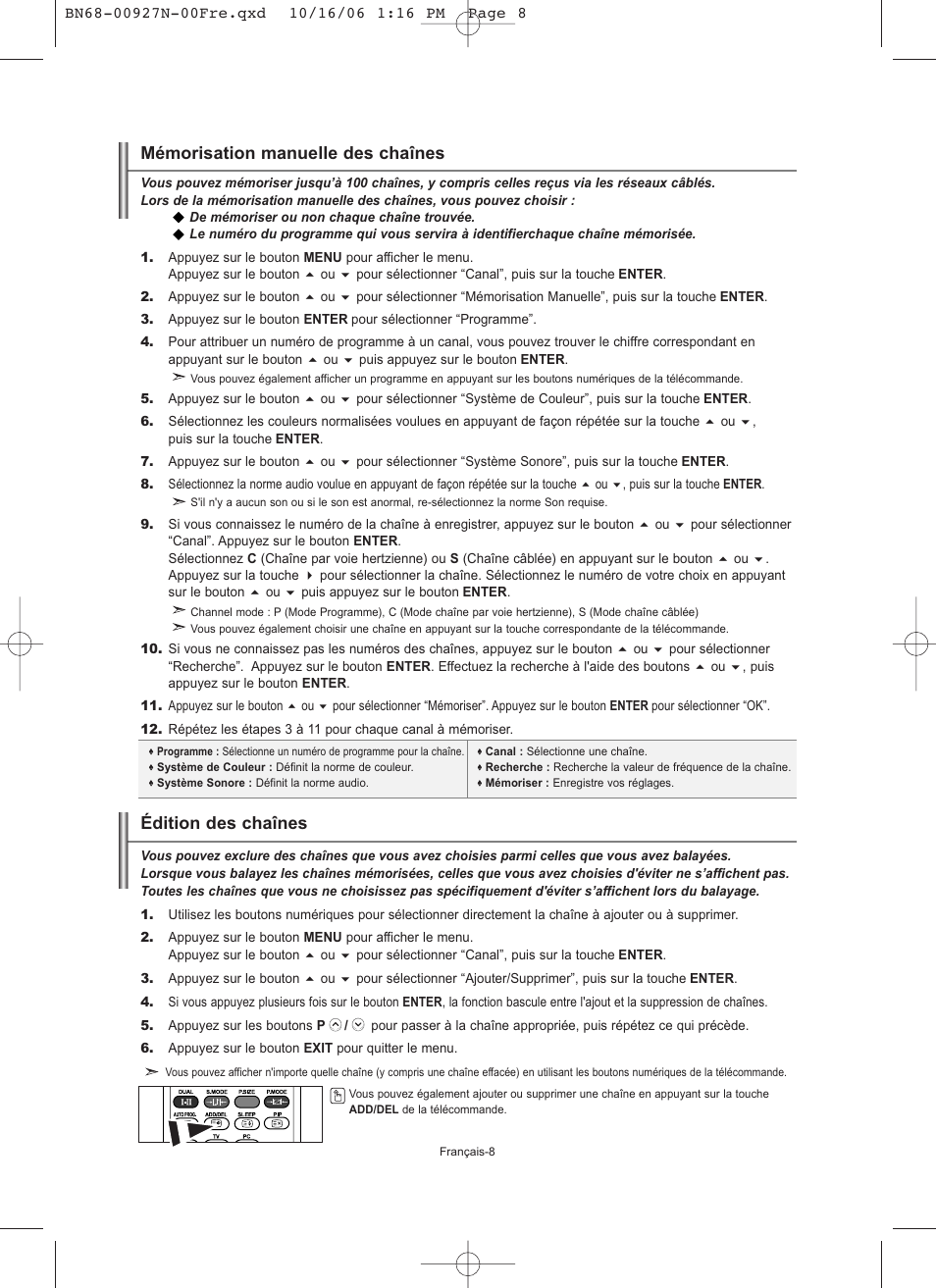 Mémorisation manuelle des chaînes, Édition des chaînes | Samsung LE26R32B User Manual | Page 31 / 152