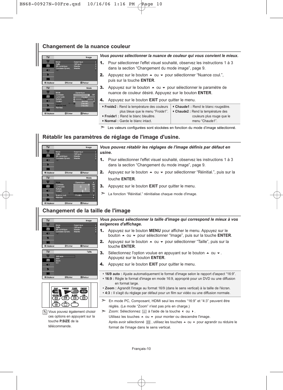 Changement de la taille de l'image, Changement de la nuance couleur | Samsung LE26R32B User Manual | Page 33 / 152