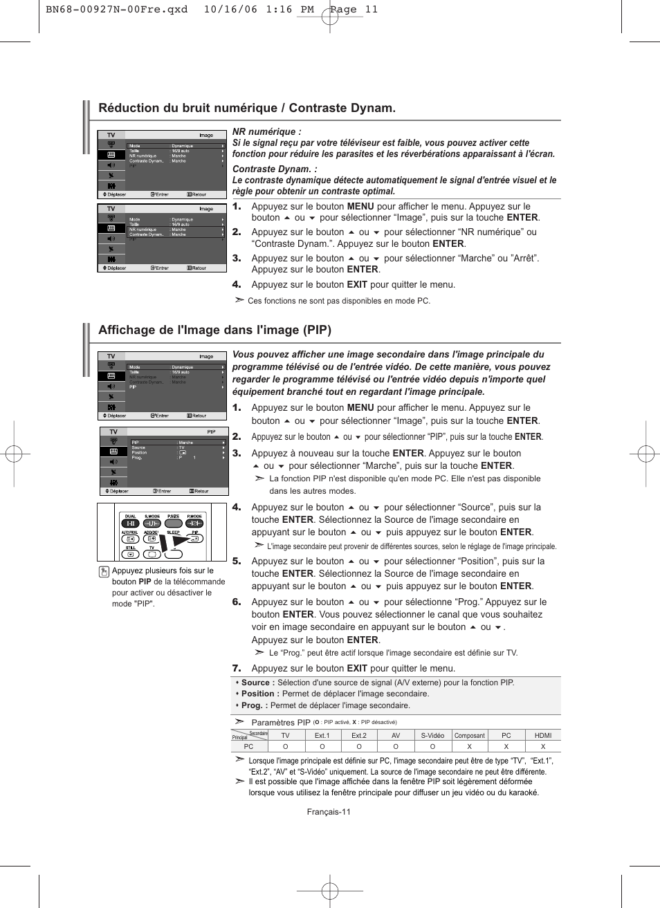 Affichage de l'image dans l'image (pip), Réduction du bruit numérique / contraste dynam | Samsung LE26R32B User Manual | Page 34 / 152