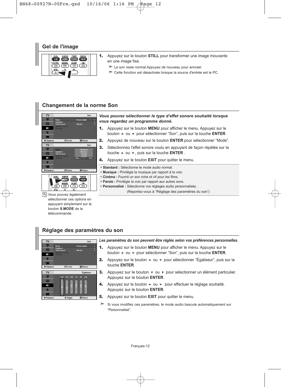 Réglage des paramètres du son, Changement de la norme son, Gel de l'image | Samsung LE26R32B User Manual | Page 35 / 152