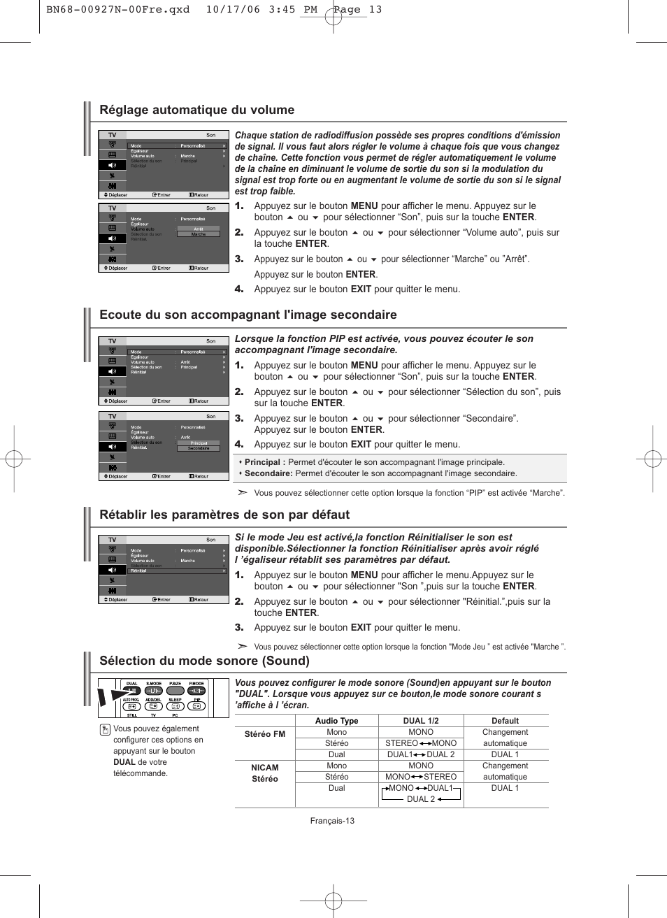 Ecoute du son accompagnant l'image secondaire, Réglage automatique du volume | Samsung LE26R32B User Manual | Page 36 / 152