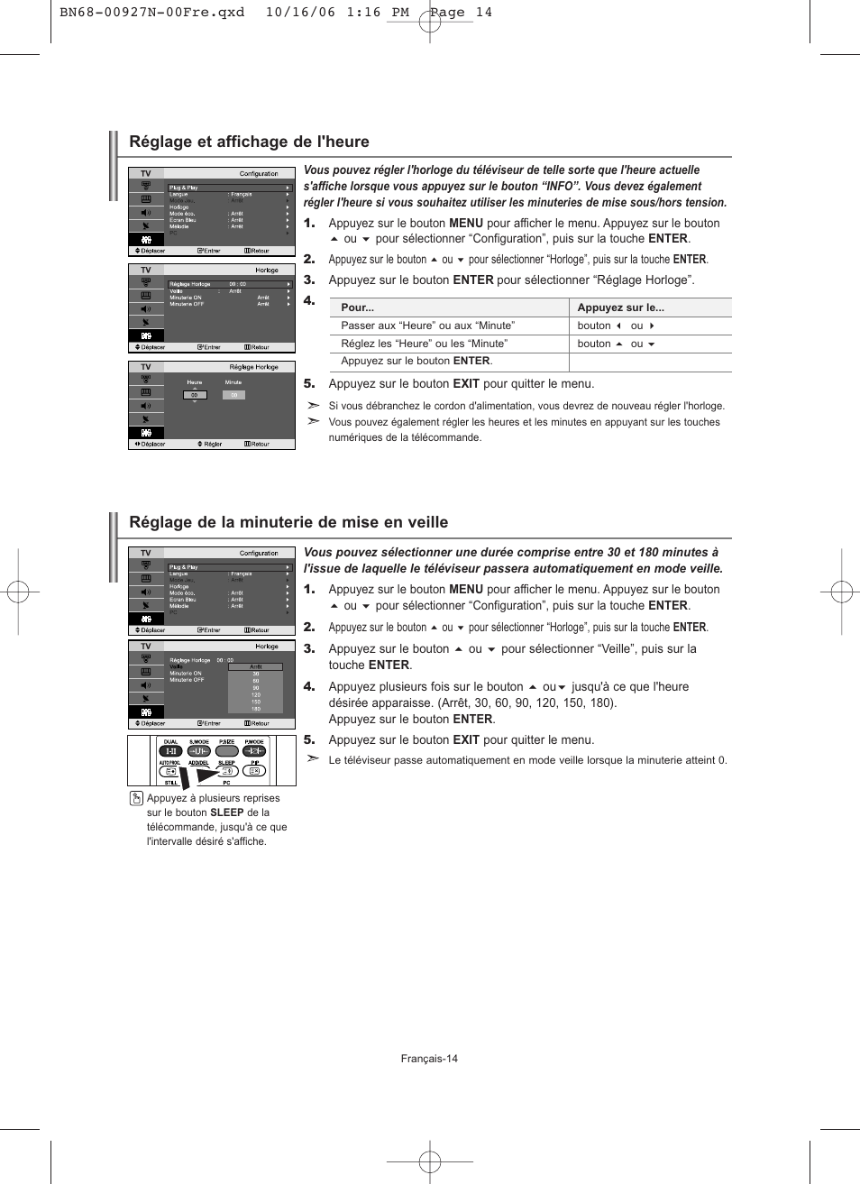 Réglage et affichage de l'heure, Réglage de la minuterie de mise en veille | Samsung LE26R32B User Manual | Page 37 / 152