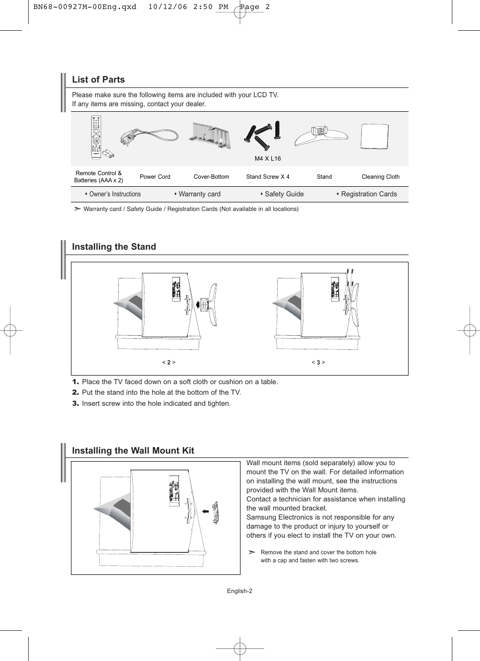 Connecting and preparing your tv, List of parts, Installing the stand | Installing the wall mount kit, Installing the stand installing the wall mount kit | Samsung LE26R32B User Manual | Page 4 / 152
