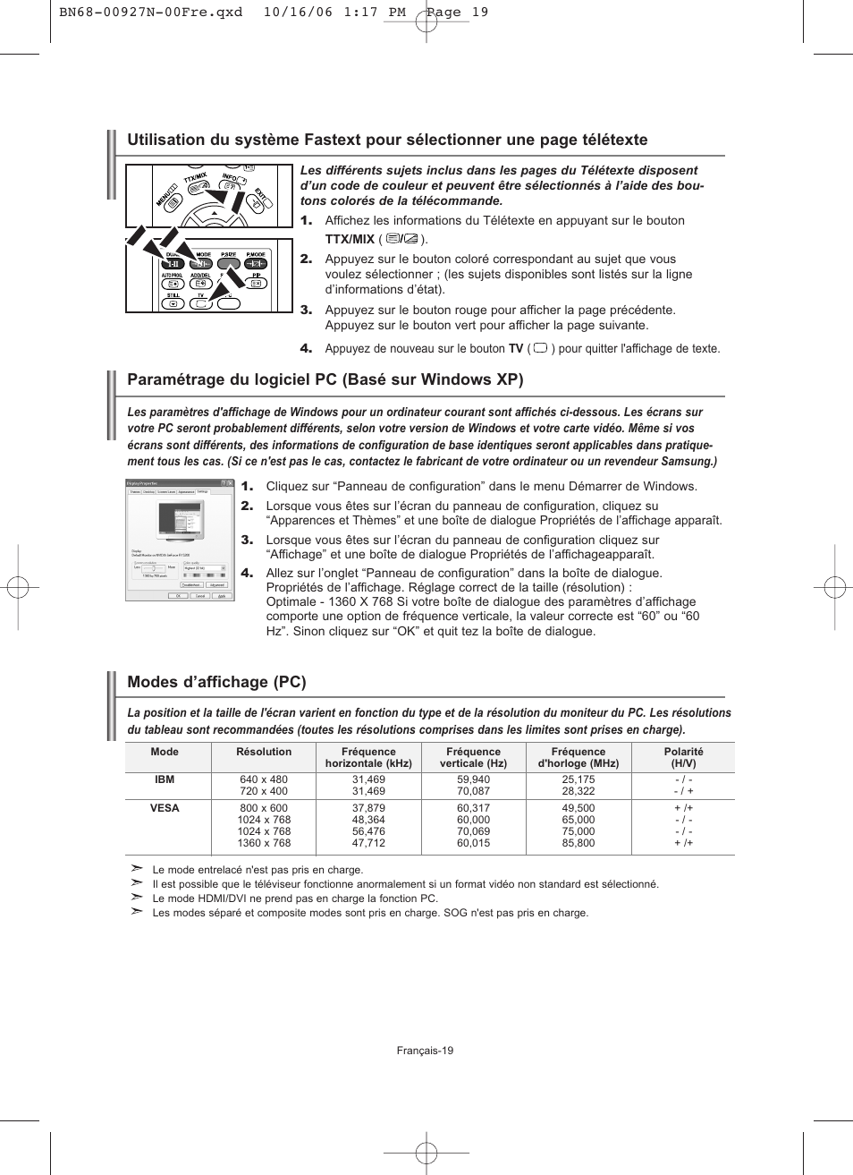 Paramétrage du logiciel pc (basé sur windows xp), Modes d’affichage (pc) | Samsung LE26R32B User Manual | Page 42 / 152