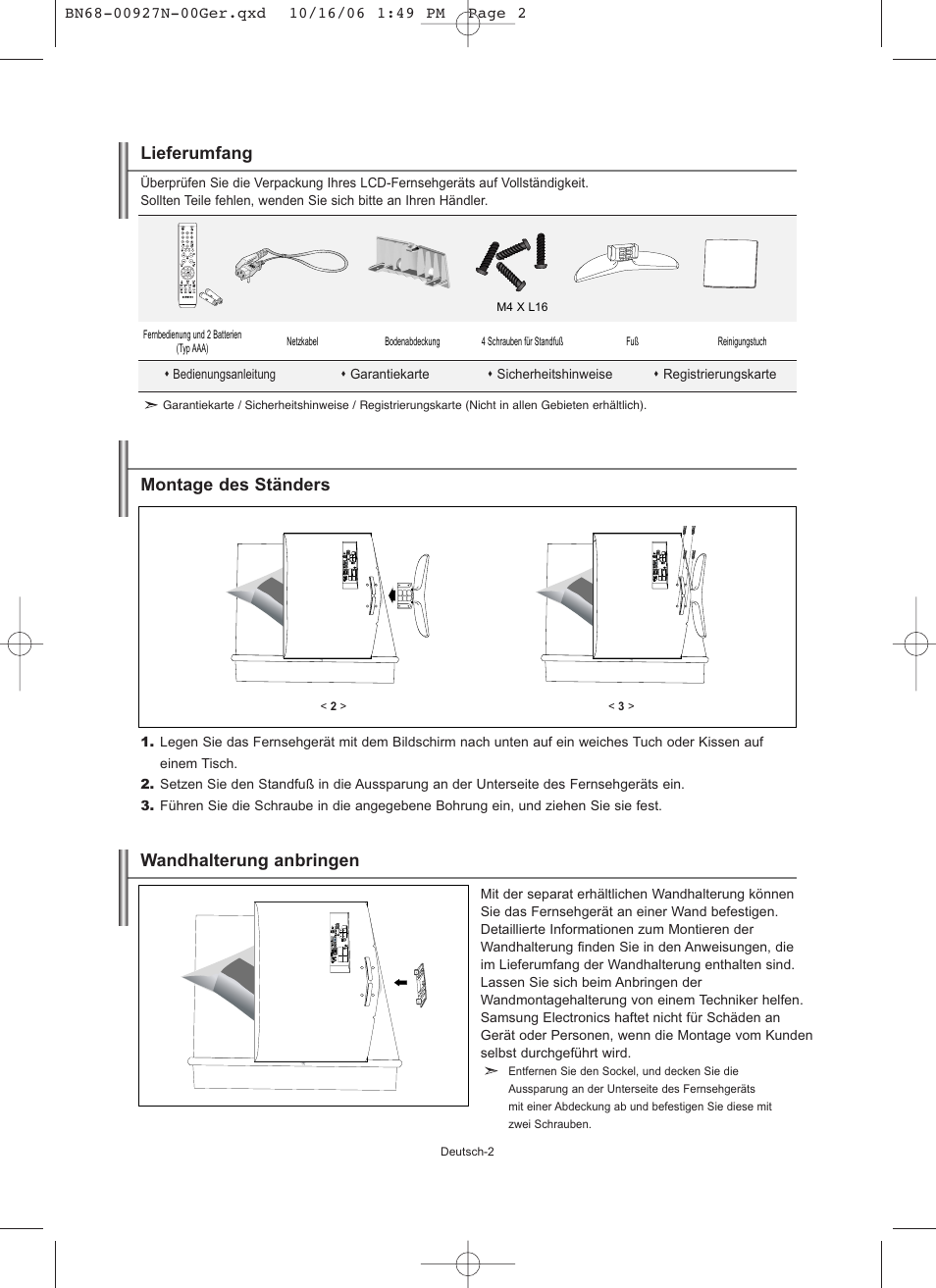 Lieferumfang, Montage des ständers, Wandhalterung anbringen | Samsung LE26R32B User Manual | Page 46 / 152