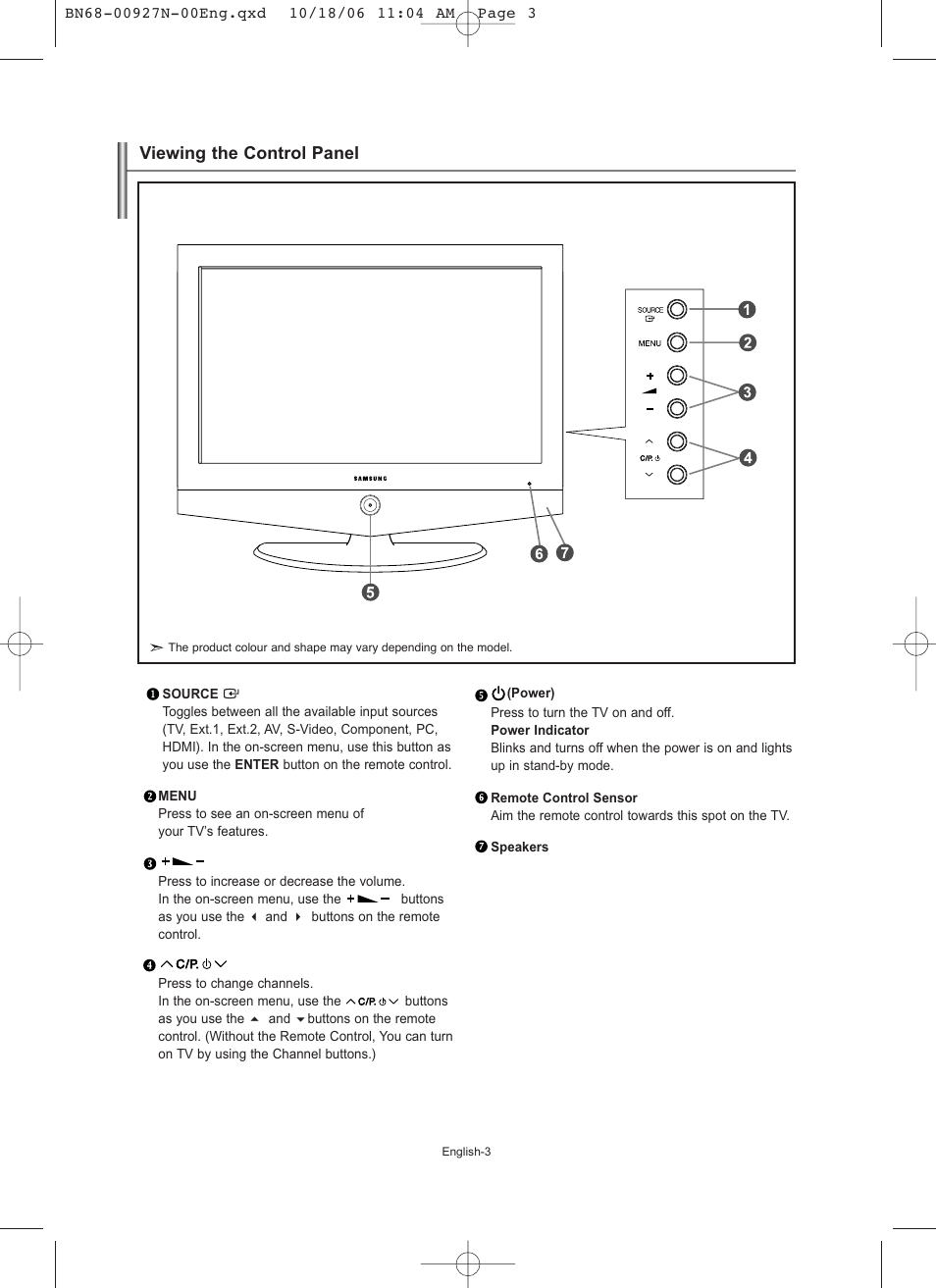 Viewing the control panel | Samsung LE26R32B User Manual | Page 5 / 152
