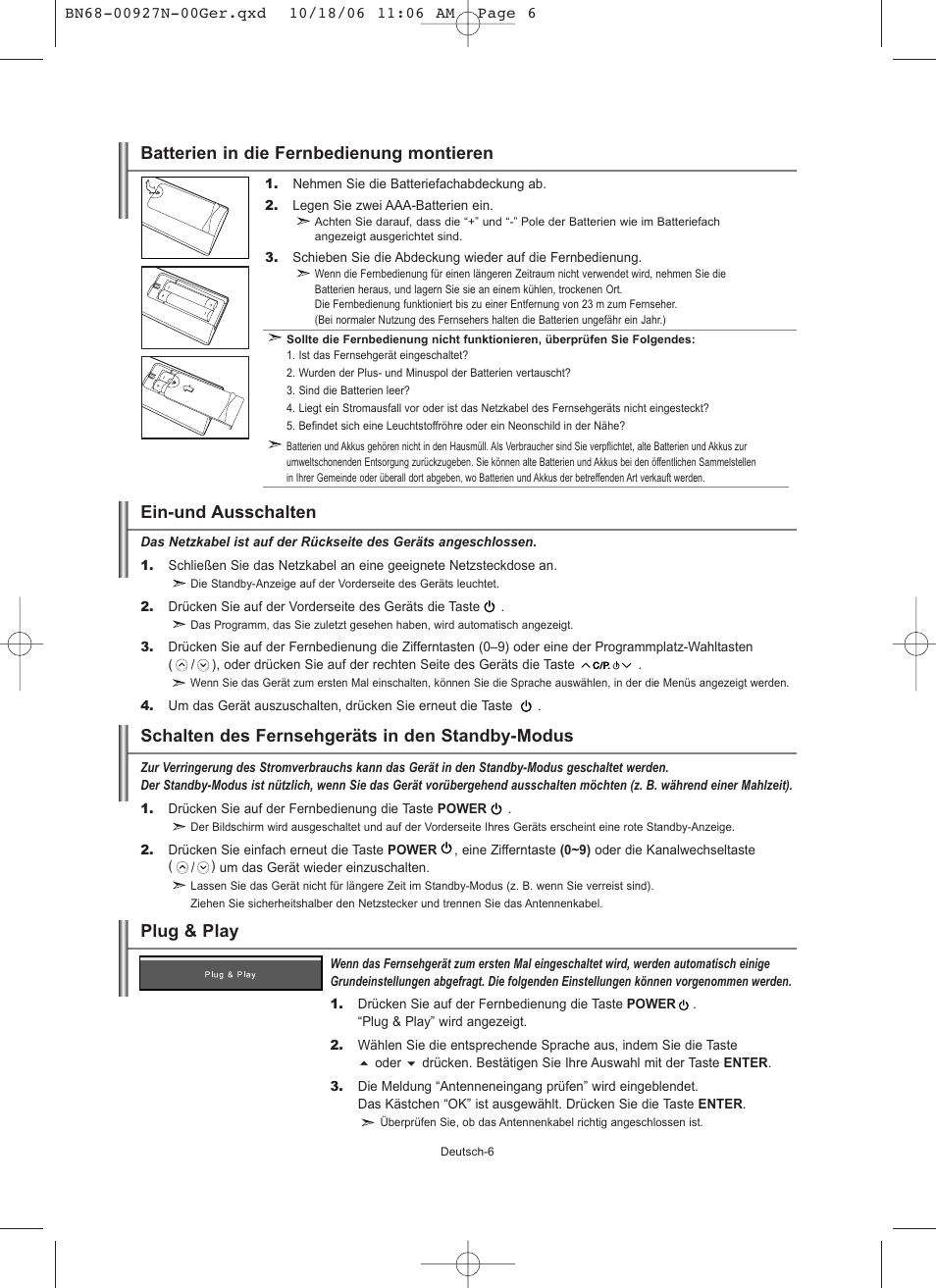 Plug & play, Batterien in die fernbedienung montieren | Samsung LE26R32B User Manual | Page 50 / 152