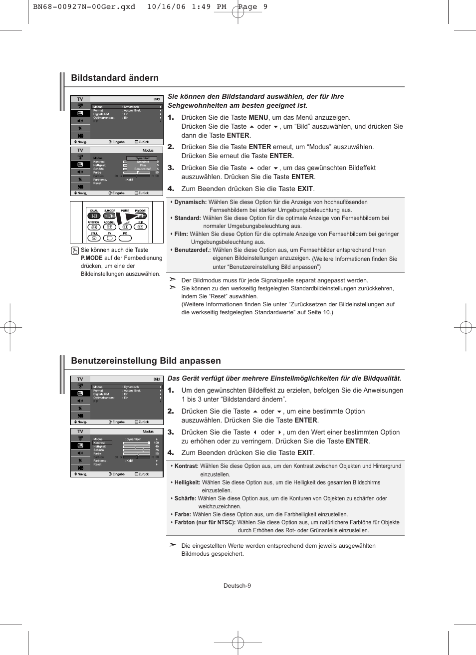 Bildstandard ändern, Benutzereinstellung bild anpassen | Samsung LE26R32B User Manual | Page 53 / 152