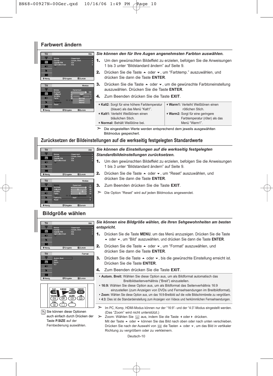 Bildgröße wählen, Farbwert ändern | Samsung LE26R32B User Manual | Page 54 / 152