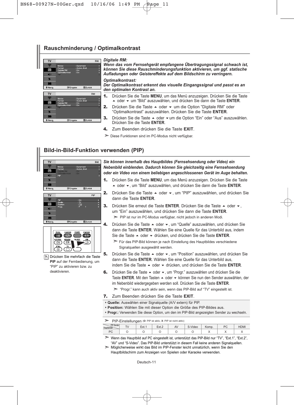 Bild-in-bild-funktion verwenden (pip), Rauschminderung / optimalkontrast | Samsung LE26R32B User Manual | Page 55 / 152