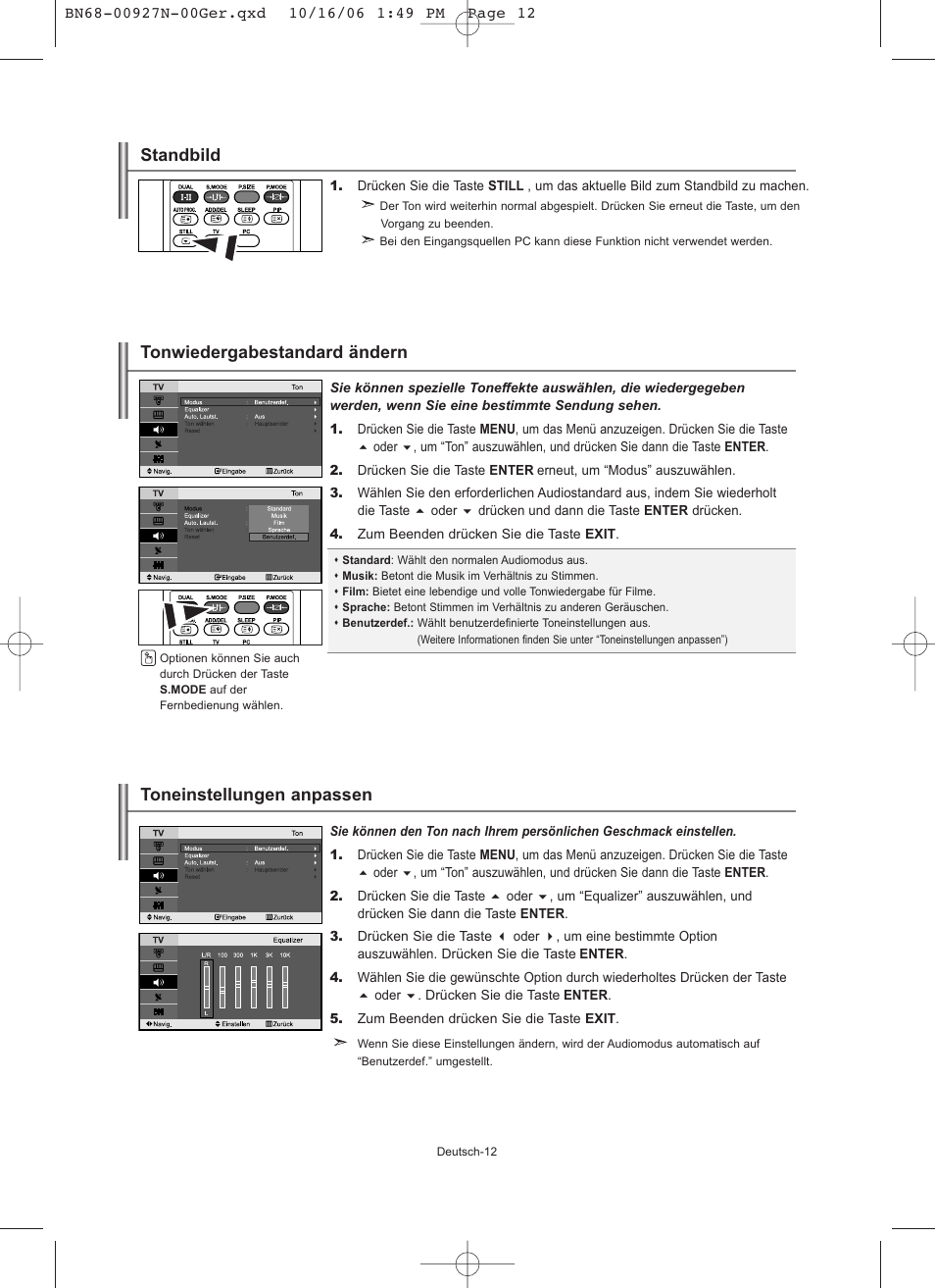 Toneinstellungen anpassen, Tonwiedergabestandard ändern, Standbild | Samsung LE26R32B User Manual | Page 56 / 152