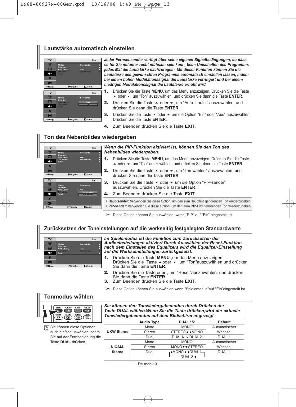 Ton des nebenbildes wiedergeben, Lautstärke automatisch einstellen | Samsung LE26R32B User Manual | Page 57 / 152