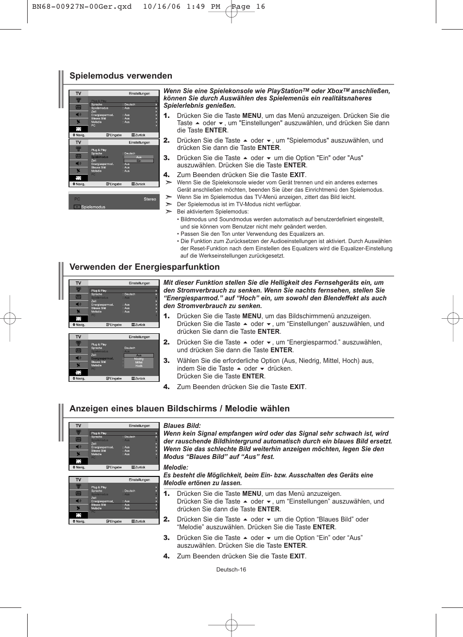 Verwenden der energiesparfunktion, Anzeigen eines blauen bildschirms / melodie wählen, Spielemodus verwenden | Samsung LE26R32B User Manual | Page 60 / 152