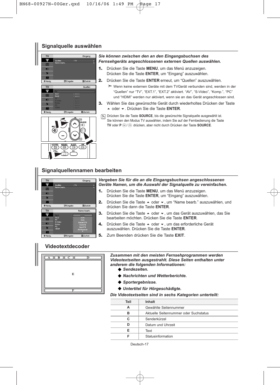 Videotextdecoder, Signalquellennamen bearbeiten, Signalquelle auswählen | Samsung LE26R32B User Manual | Page 61 / 152