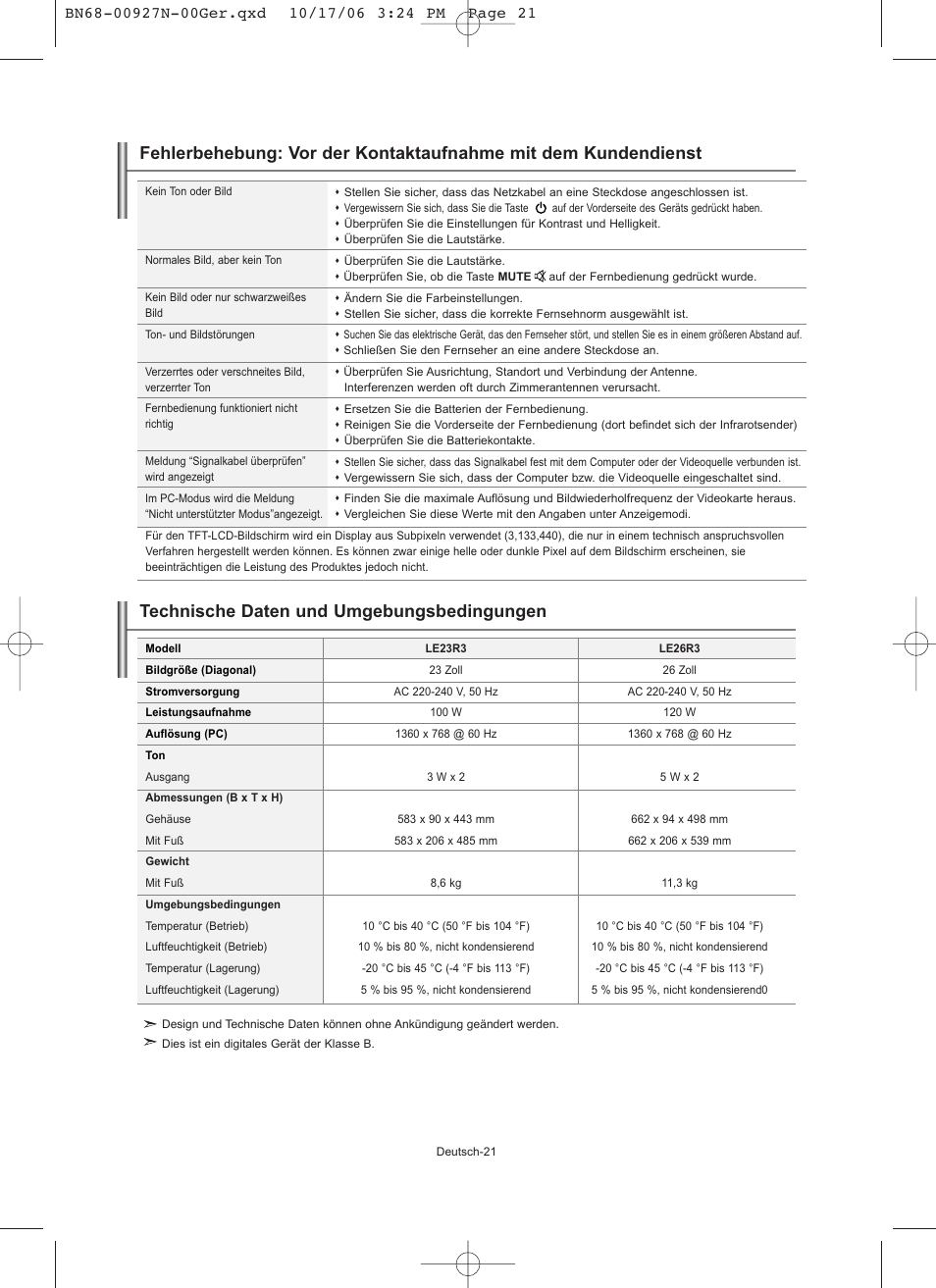 Technische daten und umgebungsbedingungen | Samsung LE26R32B User Manual | Page 65 / 152