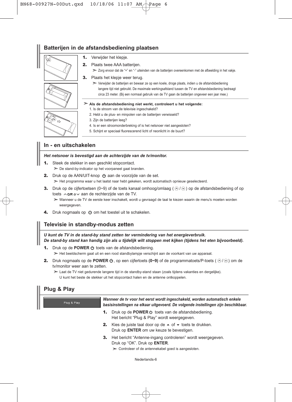 Plug & play, Batterijen in de afstandsbediening plaatsen | Samsung LE26R32B User Manual | Page 71 / 152