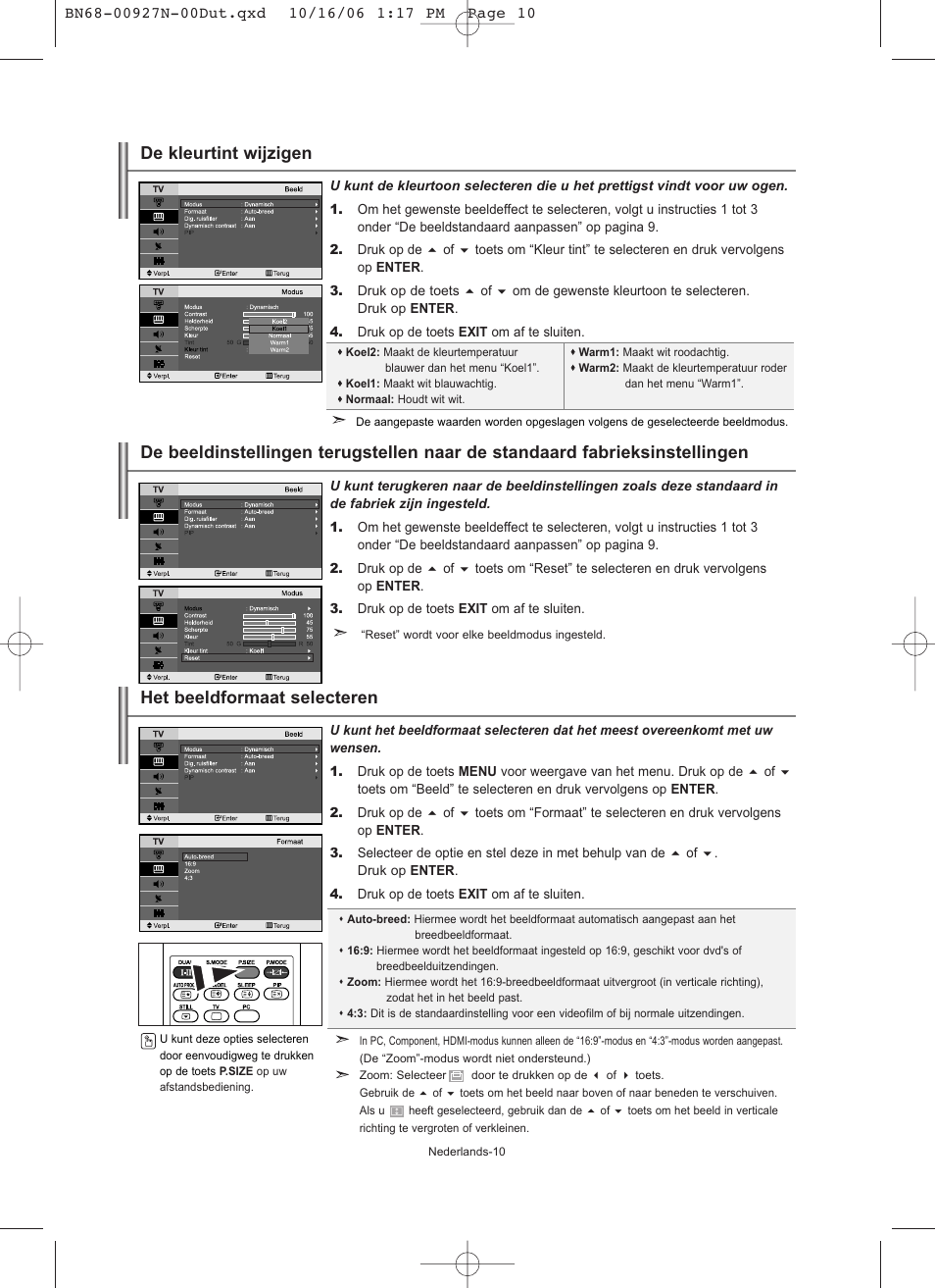 Het beeldformaat selecteren, De kleurtint wijzigen | Samsung LE26R32B User Manual | Page 75 / 152