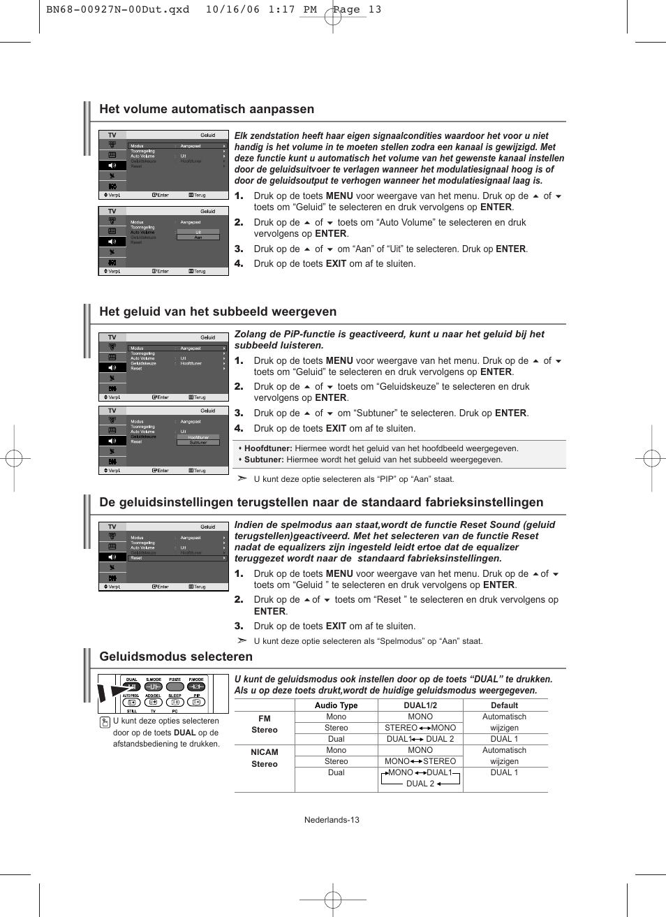 Het geluid van het subbeeld weergeven, Het volume automatisch aanpassen, Geluidsmodus selecteren | Samsung LE26R32B User Manual | Page 78 / 152