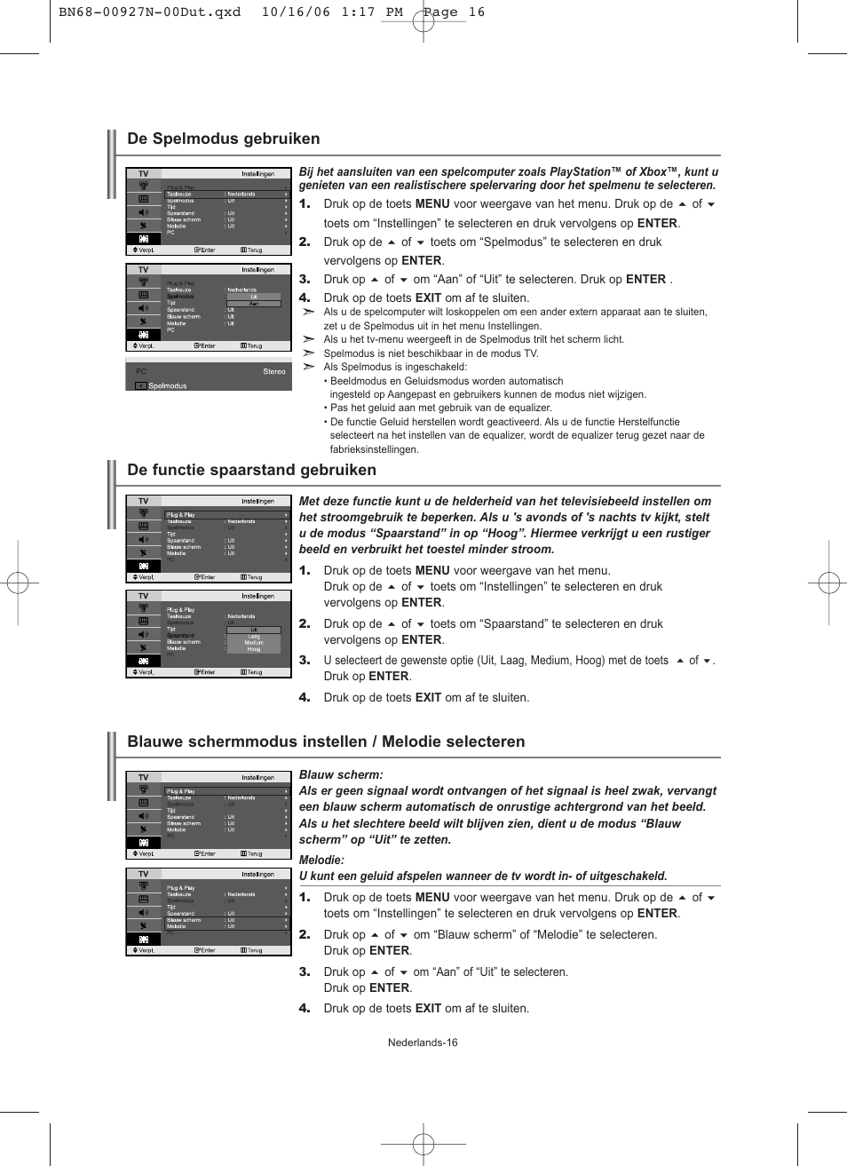 De functie spaarstand gebruiken, Blauwe schermmodus instellen / melodie selecteren, De spelmodus gebruiken | Samsung LE26R32B User Manual | Page 81 / 152