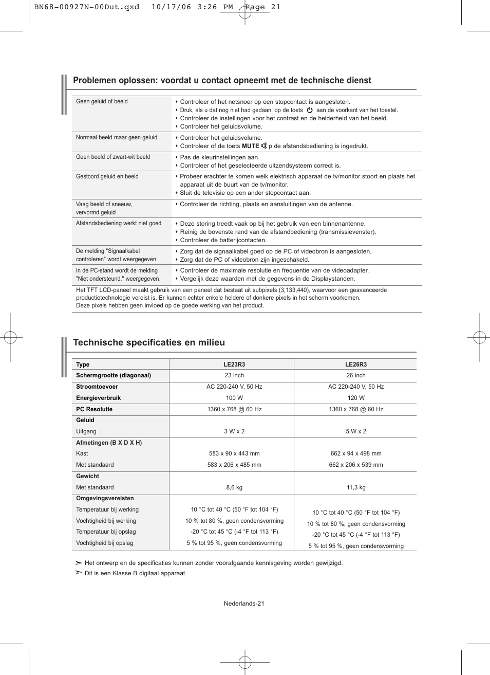 Technische specificaties en milieu | Samsung LE26R32B User Manual | Page 86 / 152