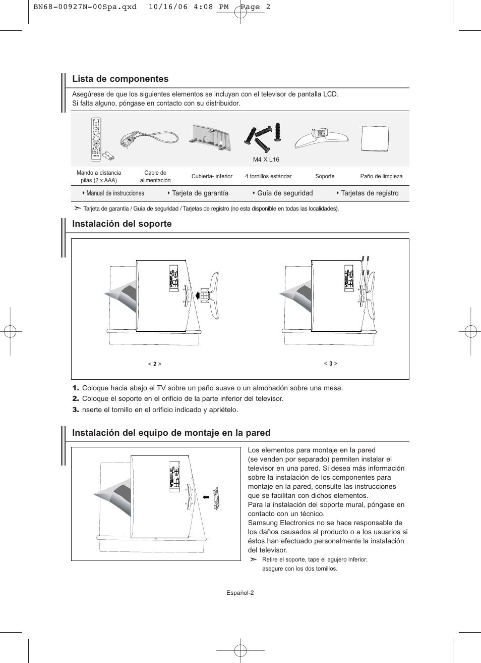 Lista de componentes, Instalación del soporte, Instalación del equipo de montaje en la pared | Samsung LE26R32B User Manual | Page 88 / 152