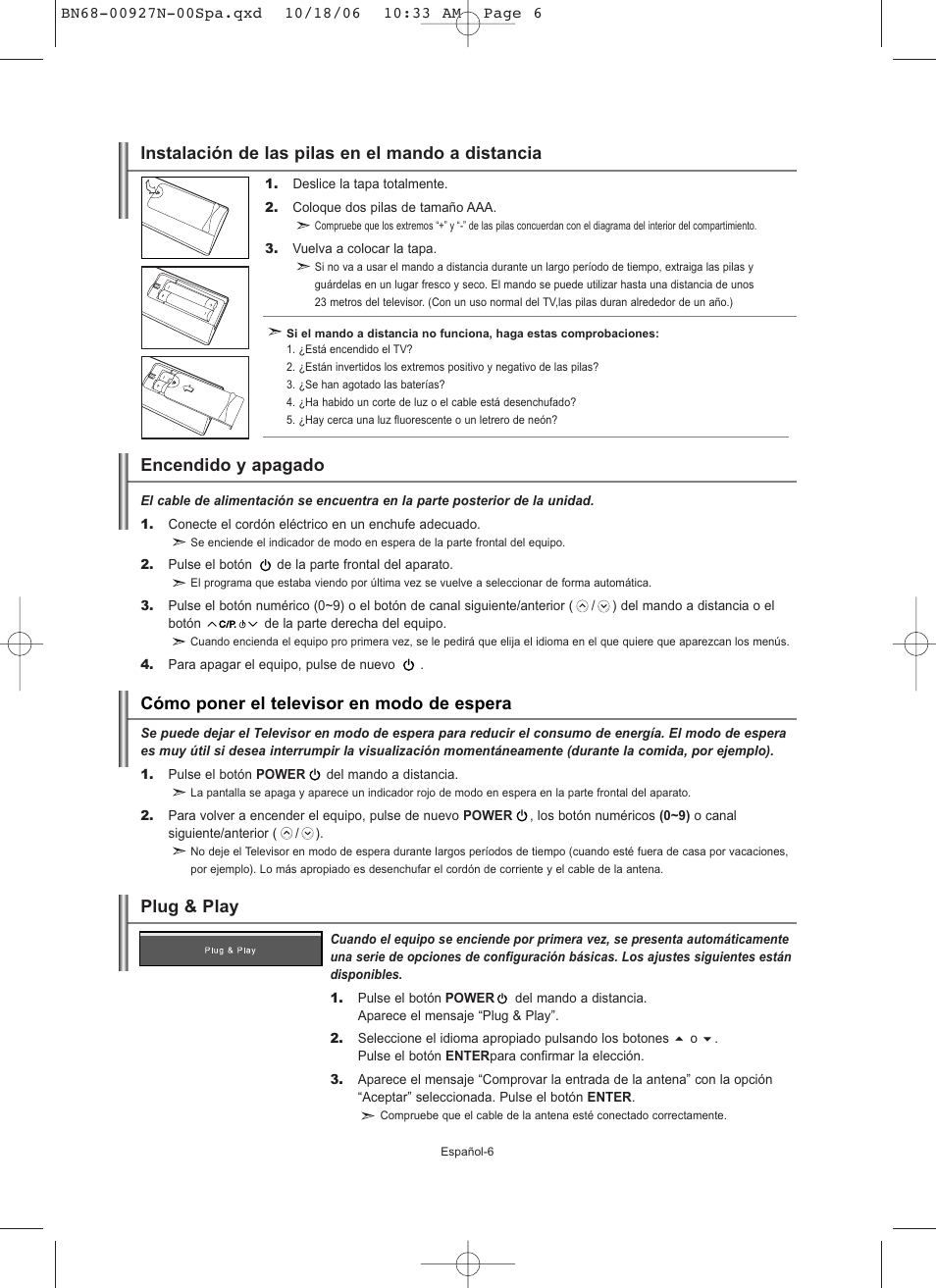 Plug & play, Instalación de las pilas en el mando a distancia | Samsung LE26R32B User Manual | Page 92 / 152