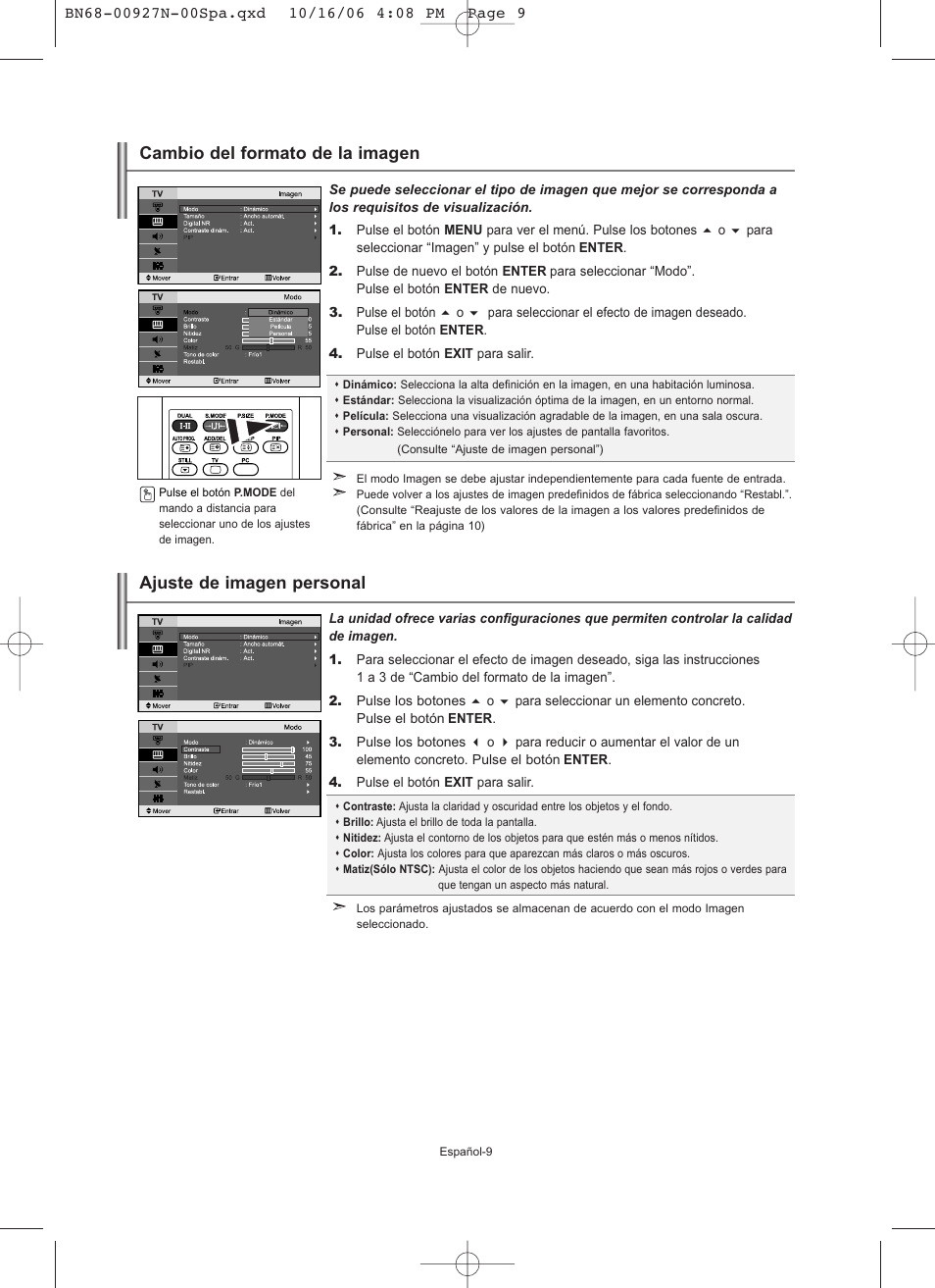 Cambio del formato de la imagen, Ajuste de imagen personal | Samsung LE26R32B User Manual | Page 95 / 152