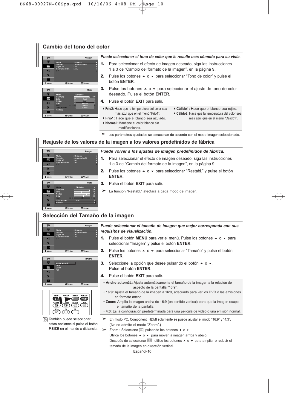 Selección del tamaño de la imagen, Cambio del tono del color | Samsung LE26R32B User Manual | Page 96 / 152