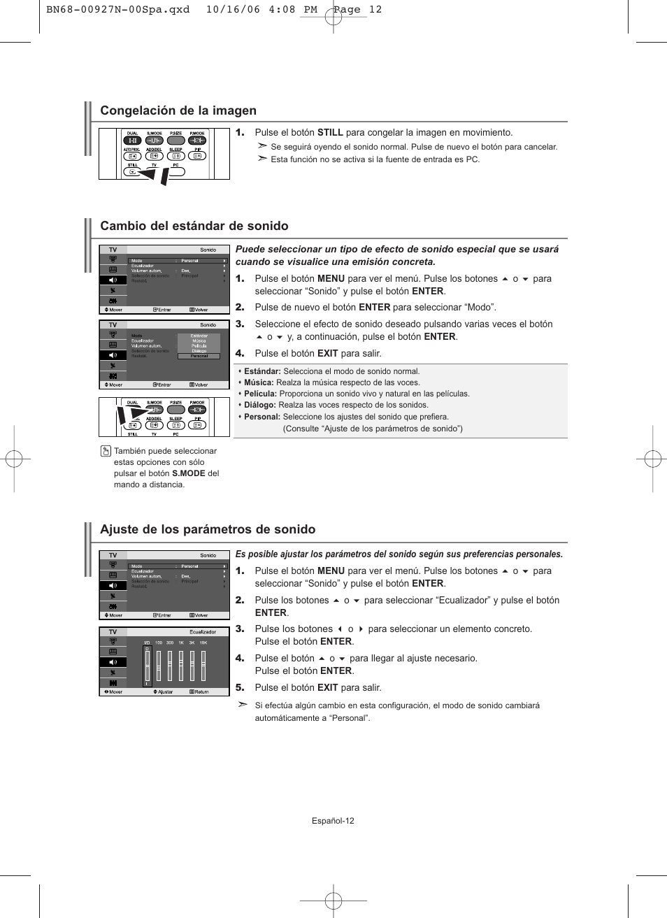 Ajuste de los parámetros de sonido, Cambio del estándar de sonido, Congelación de la imagen | Samsung LE26R32B User Manual | Page 98 / 152