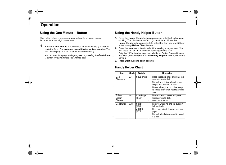 Operation, Using the one minute + button, Using the handy helper button | Amana AMC5101AAS User Manual | Page 10 / 25