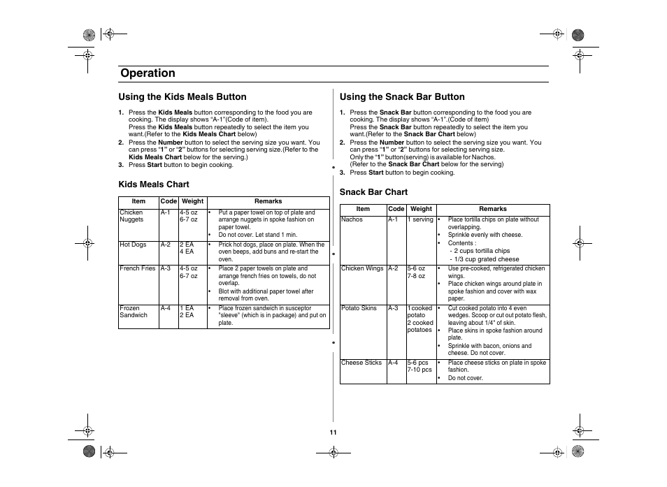 Operation, Using the kids meals button, Using the snack bar button | Amana AMC5101AAS User Manual | Page 11 / 25