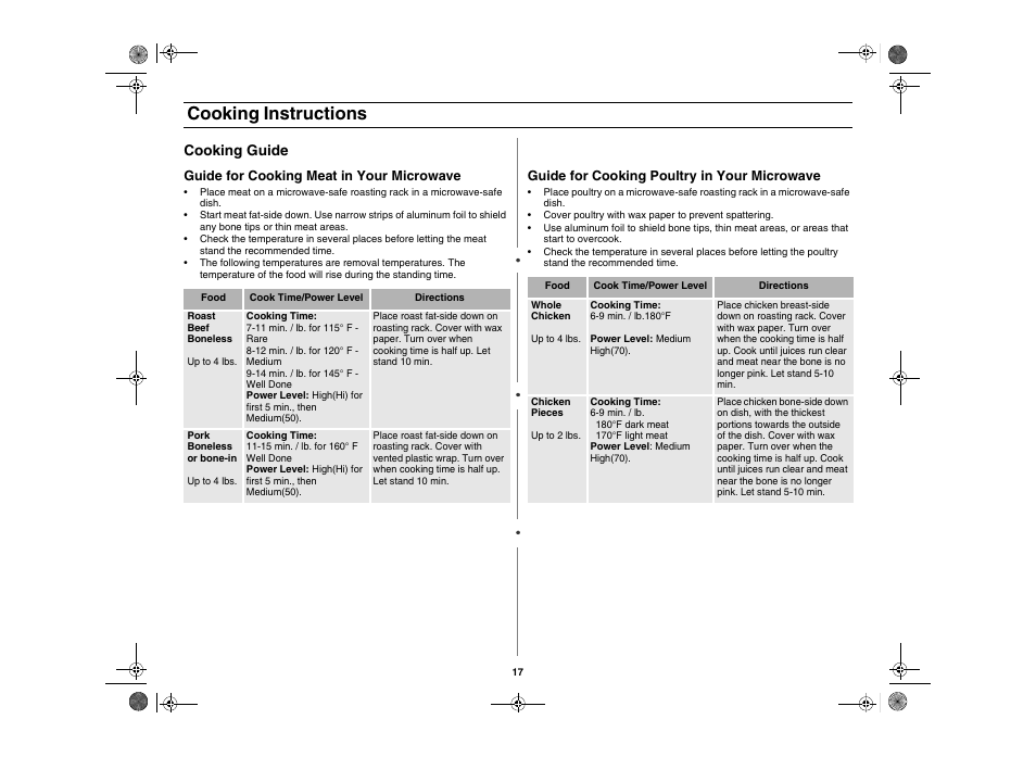 Cooking instructions, Cooking guide | Amana AMC5101AAS User Manual | Page 17 / 25