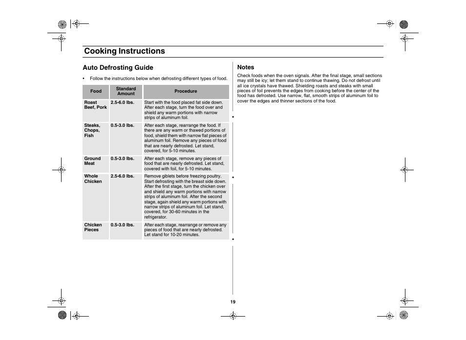 Cooking instructions, Auto defrosting guide | Amana AMC5101AAS User Manual | Page 19 / 25
