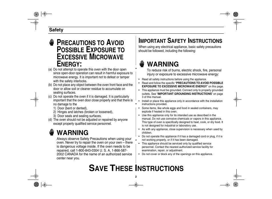 Hese, Nstructions, Warning | Recautions to, Void, Ossible, Xposure to, Xcessive, Icrowave, Nergy | Amana AMC5101AAS User Manual | Page 2 / 25