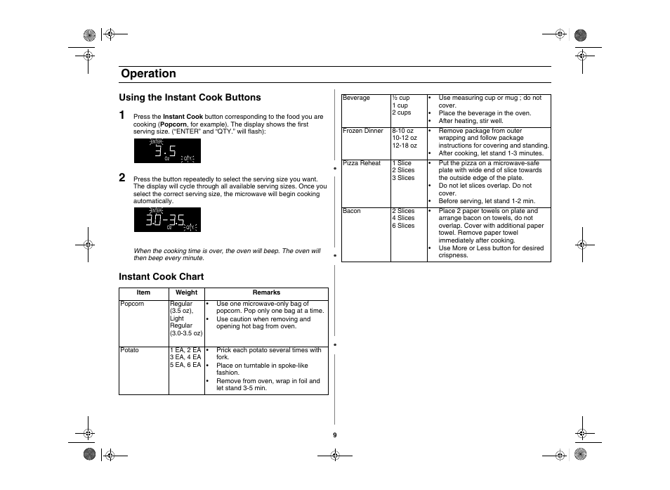 Operation, Using the instant cook buttons, Instant cook chart | Amana AMC5101AAS User Manual | Page 9 / 25