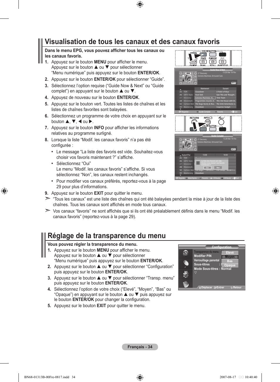 Réglage de la transparence du menu | Samsung LE52F96BD User Manual | Page 100 / 516