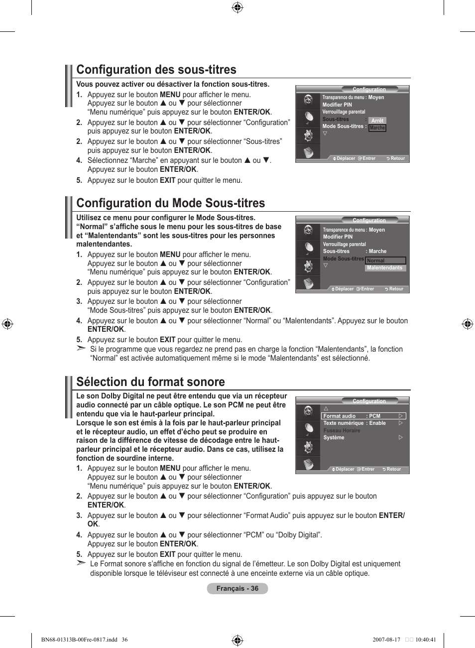 Configuration des sous-titres, Configuration du mode sous-titres, Sélection du format sonore | Samsung LE52F96BD User Manual | Page 102 / 516