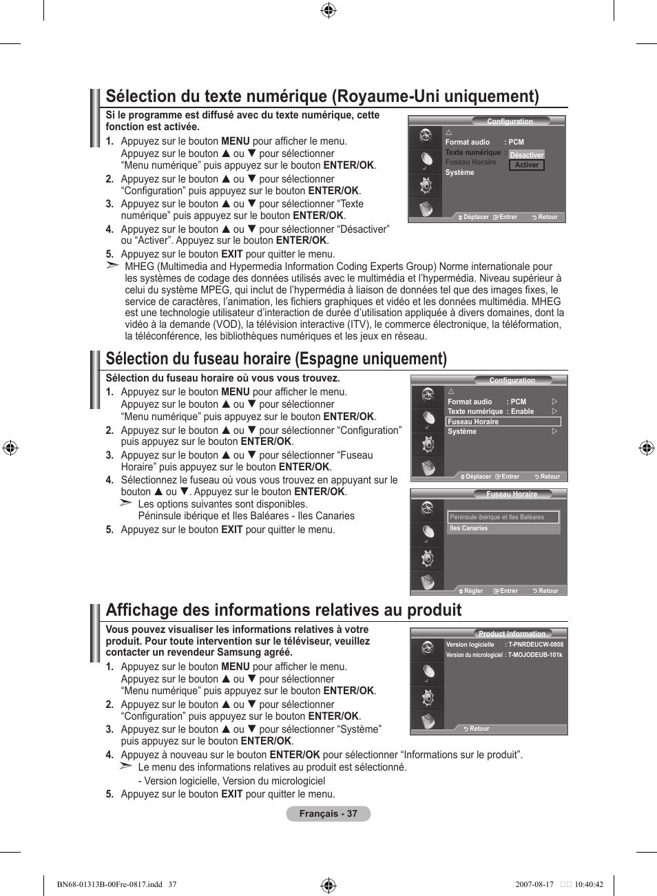 Sélection du fuseau horaire (espagne uniquement), Affichage des informations relatives au produit | Samsung LE52F96BD User Manual | Page 103 / 516