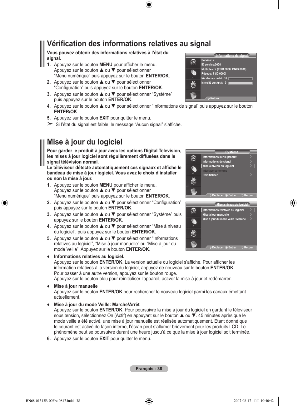 Vérification des informations relatives au signal, Mise à jour du logiciel | Samsung LE52F96BD User Manual | Page 104 / 516