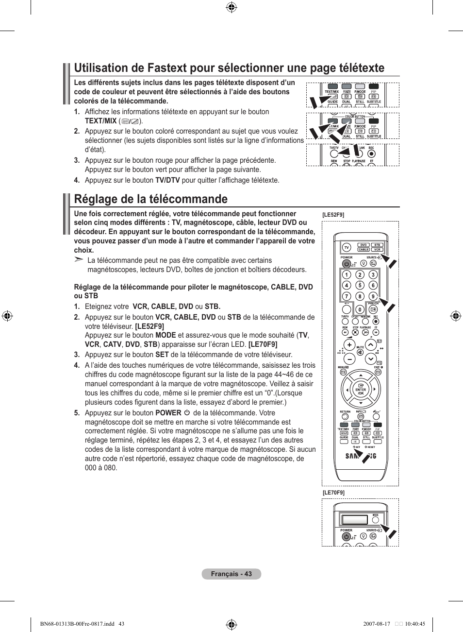 Réglage de la télécommande | Samsung LE52F96BD User Manual | Page 109 / 516