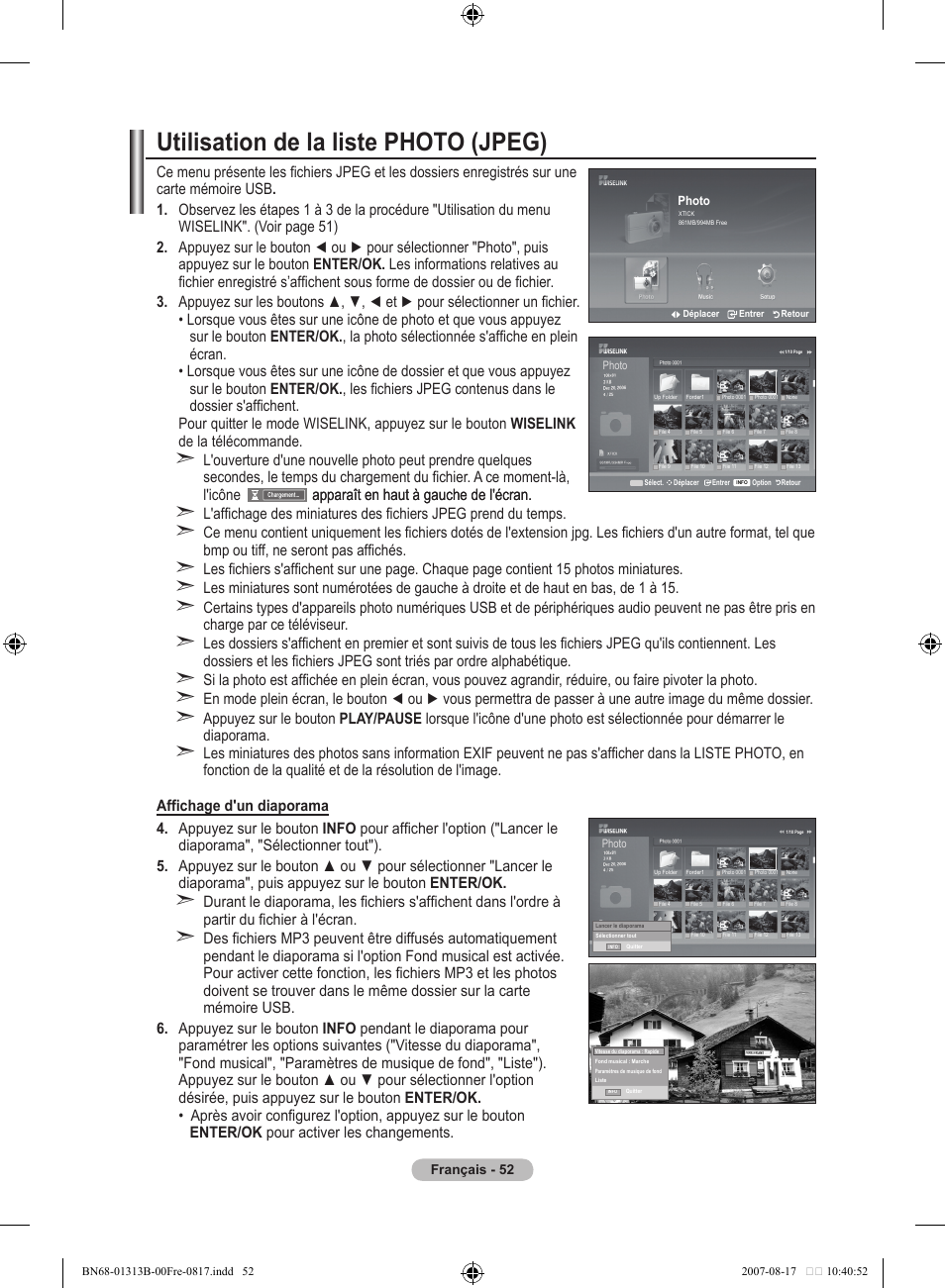 Utilisation de la liste photo (jpeg) | Samsung LE52F96BD User Manual | Page 118 / 516