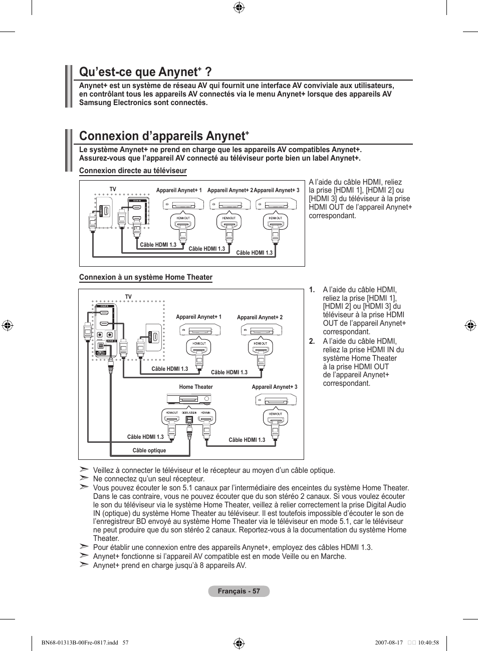 Qu’est-ce que anynet, Connexion d’appareils anynet | Samsung LE52F96BD User Manual | Page 123 / 516